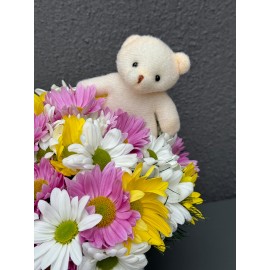 SERAMİK VAZODA KARIŞIK PAPATYA VE AYICIK ARAJMANI